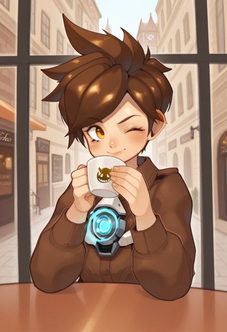 04N1M3R3style, masterpiece, best quality, solo,                                                                           tracer \(overwatch\, brown hair, london street, seated outside cafe, sipping cup of tea, wink,
