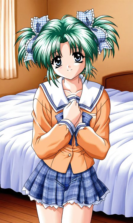 general,highres, ultra-detailed,very aesthetic,best quality ,best hands, BREAK <lora:Minase_Ruka_Akumu_AoiKajitsunoSange_IS:1>
Minase_Ruka, 1girl, solo, green hair, short twintails, blue eyes, hair ribbon, blue plaid ribbon, short,
short, light smile,  school uniform, ribbon, orange sleeve, 
outdoors,hands on own chest,, plaid skirt, plaid bow, long sleeves, serafuku, bed room, sheet, bed,