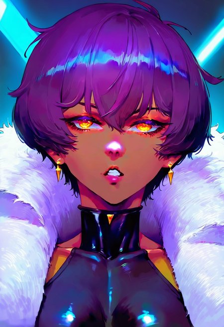 Masterpiece, Best Quality, Best Score, Best Anatomy,ultra deitailed,white suit,sci-fi, futuristic, portrait, shiny brilliant yellow eyes, 
1girl, (dark-skinned), purple hair, brilliant earrings, shiny teeth, big white winter fur coat over black bodysuit, 
<lora:add-detail-xl:1>, <lora:nyalia_NoobXL:0.3>, <lora:cutesexyrobutts_style_illustrious_goofy:0.2>,  <lora:nabibutterILLUS:0.1>, usnr, <lora:USNR STYLE_XL_loha:0.9>,