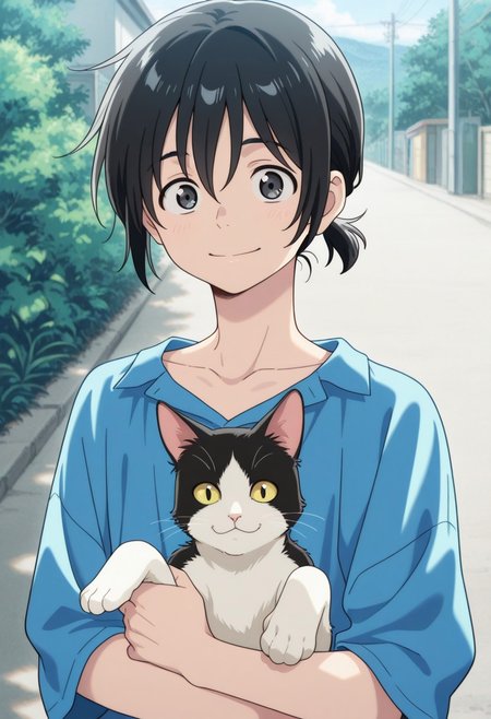 masterpiece,best quality,amazing quality, source_anime, 
MioChibana, 1boy, male focus, solo, black eyes, black hair, short ponytail, shirt, blue shirt, collarbone, cat, smile, looking at viewer, holding cat, outdoor,