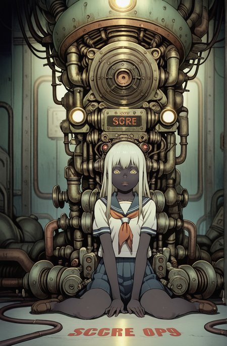 1girl,black skin,platinum hair, portrait,wariza,serafuku,
tatsuyuki, (too much machine:1.3) ,A room full of pipes, searchlights, (Bionic :1.2)
 <lora:Perfect Hands:1>  <lora:Tatsuyuki:0.9> <lora:add-detail-xl:1><lora:age_slider_v4:-2.5>, score_9, score_8_up, score_7_up, score_6_up, score_5_up, score_4_up,zPDXL