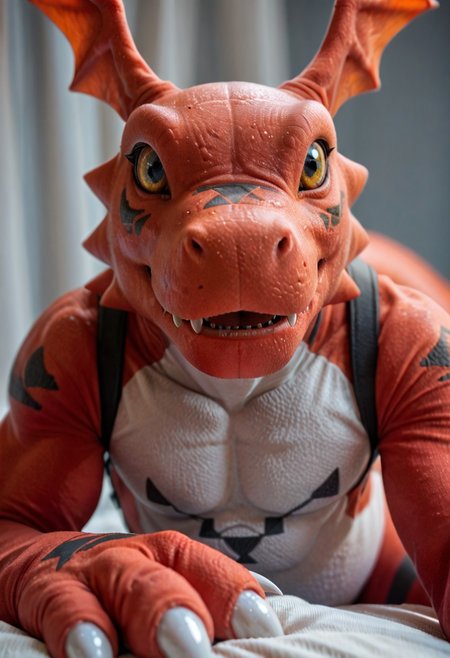 score_9, score_8_up, score_7_up, score_6_up, guilmon, digimon, furry, scalie, red scales, detailed scales, yellow eyes, realistic