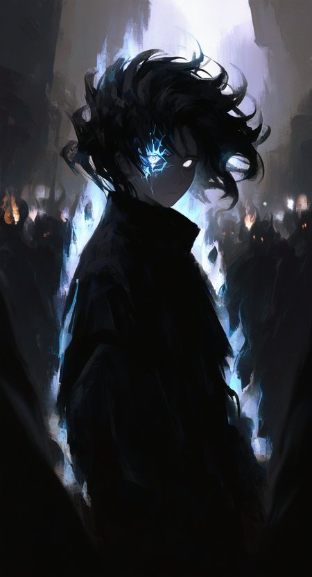 masterpiece, best quality, good quality, very aesthetic, absurdres, newest, looking_at_viewer, black_hair, long_sleeves, 1boy, closed_mouth, upper_body, male_focus, multiple_boys, solo_focus, floating_hair, heterochromia, glowing, fire, glowing_eyes, silhouette, white_eyes, aura, glowing_eye, one-eyed, blank_eyes, crowd, cracked_skin, burning <lora:ponyv5_noobV065S_1_adamW-000013:0.7> <lora:USNR_STYLE_XL_lokr:0.45> <lora:shiej007:0.8>