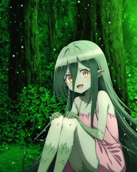 <lora:deathma_dryad_ill_v11:1>  dryad, 1girl, solo, pink dress, green theme, sitting, knees up, holding knees, tree, leaf, nature, forest, plant, looking at viewer, light particles, outdoors, open mouth, smile, cowboy shot,
