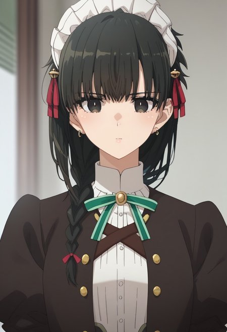 score_9, score_7_up, source_anime, 
yokoya, 1girl, solo, black eyes, black hair, braid, maid headress, jewelry, earrings, maid, shirt, white shirt, ribbon, neck ribbon, jacket, black jacket, portrait
indoor,