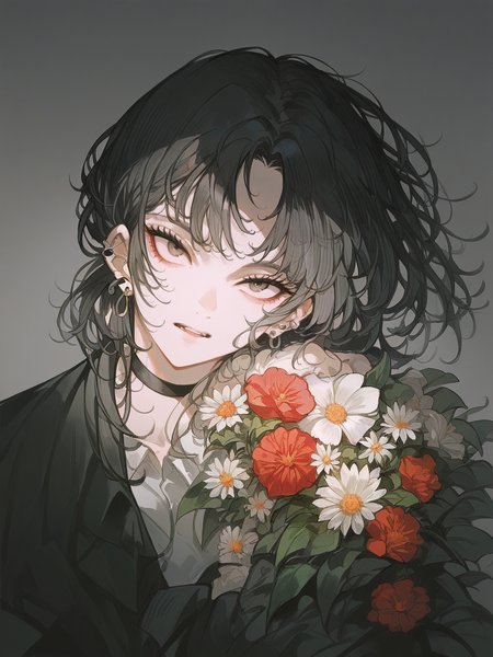 score_9, score_8_up, score_7_up, score_6_up, score_5_up,  <lora:JohnKafkaXLP:1> john kafka, 1girl, flower, colourful