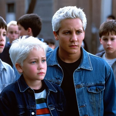 <lora:add-detail-xl:1>
<lora:detailed:0.3>
<lora:perfection style:0.3>
<lora:xl_more_art-full_v1:0.3>
 <lora:Donnie Darko film style:1>
a young man and a old white hair woman are standing close together,short hair,shirt,black hair,closed mouth,jacket,upper body,white hair,male focus,multiple boys,2boys,blurry,looking at another,black shirt,blurry background,blue jacket,eye contact,realistic,denim jacket , cinematic, film, Donnie Darko film style