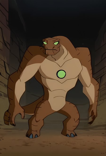 <lora:humungousaur-08:1> humungousaur, dinosaur, 1boy, male focus, solo, green eyes, no humans, brown skin, , green sclera, tail, no pupils, dynamic pose ,   <lora:BatSup_Anim_90s_ILXL:1> batsup90xl, flat color, 90s, masterpiece, best quality, amazing quality, very aesthetic, absurdres, newest,
