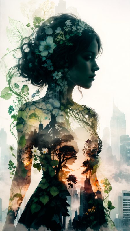 a photograph of a double exposure of a woman standing in front of a city skyline, her silhouette filled with the intricate details of botanical illustrations. The flowers matched her dress, transforming her into a powerful nature goddess with the concrete jungle at her command.  <lora:detailed_notrigger:1>, <lora:xl_more_art-full_v1:1>