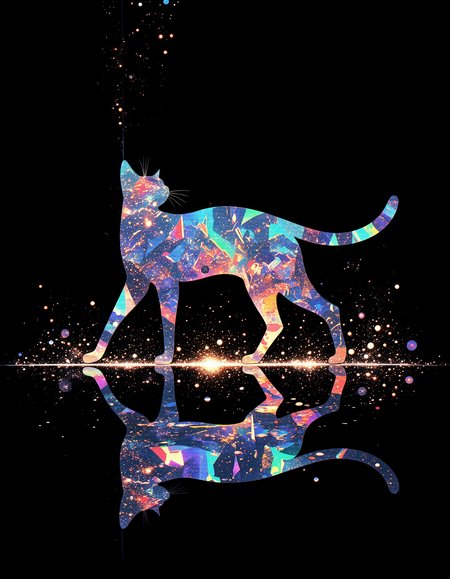aidmamj6.1, vibrant reflective holographic drawing in the style of ckhg art of Silhouette of a long-legged cat walking surrounded by sparkling light particles
particles cascading down from the cat
cat reflected in a mirror are depicted as upper and lower objects
black background
Fantastic and mysterious illustration like the world in a transparent dream
 <lora:aidmaMJ6.1_v0.5_3:0.4>  <lora:ck-holographic-glitter-000015:0.5>