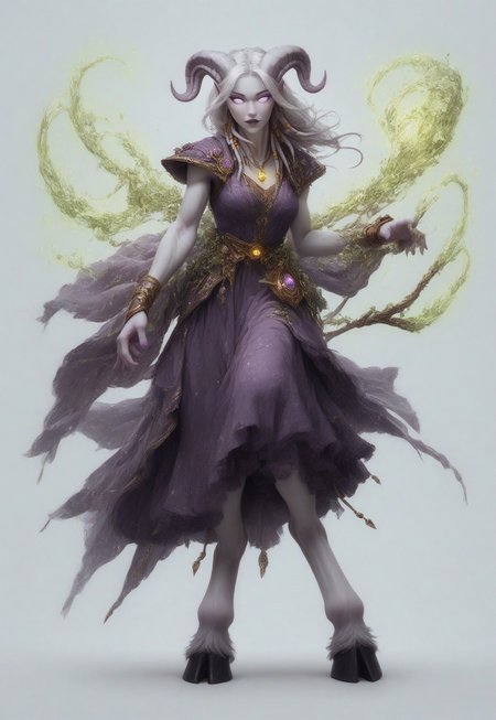(absurdres, highres, best quality, masterpiece:1.4), 
score_9, score_8_up, score_7_up, score_6_up, 
detailed, 
detailed body, 
detailed face, 

(culDraenei, 
female, 
purple eyes, 
no sclera, 
no pupils, 
athletic, 
tall, 
slim, 
pale skin,
grey skin, 
long ears),

loose long purple dress,  
yellow pendant, 
sleeveless, 
magical spell, green aura, 

cheerful, 
(((full body))), 
posing, 
floating, 

(((white background, plain background))), 
(((no objects in background)))