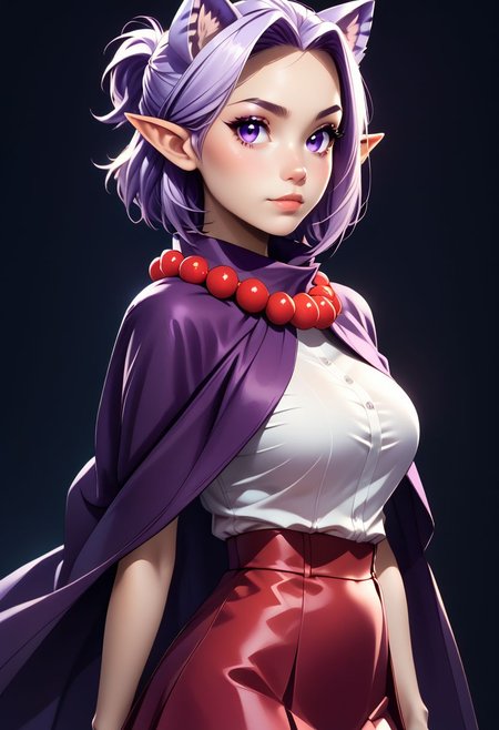 score_9, score_8_up, score_7_up, score_6_up, score_5_up, score_4_up score_9,score_8_up, digital art, upper body shot, realistic 3D illustration,
BREAK,
zzLilac, pointy ears, animal ears, purple hair, cat ears, short hair, purple eyes, extra ears,  white shirt, purple cape, red bead necklace, red skirt, black thighhighs,
BREAK, 
soft lighting, contemplative expression, dark background, subtle makeup, high-resolution, detailed texture, emotional depth, dramatic mood, side profile, serene atmosphere, cinematic lighting. perfectly round breasts, big breasts, firm breasts, SkinHairDetail, eye contact, looking at viewer,