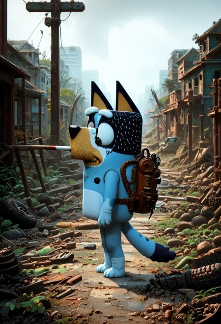 score_9, score_8_up, score_7_up, volumetric lighting, masterpiece, best quality, absurdres, newest, perfect quality, best quality, absolutely eye-catching, detailed, intricate details, ultra-detailed, source_anime, ruanyi0723,post-apocalypse,overgrown,moss, ((1boy, solo, bluey style, blueyxl, boxchibi, bandit heeler, cartoon, dog, furry, white sclera, empty eyes, black eyes, half shut eyes, blue skin, blue fur,  thick eyebrows, dog tail, dog ears, black nose, cigarette in mouth, wearing survival gear, wearing a survival backpack, holding a gun, shotgun in hand, walking on two legs, wandering on the road)), ((cautious, anger, furious, scared expression)), watching out for monsters, BREAK, realistic background, 2d character, outdoor, post-apocalypse, destroyed buildings, overcast, cloudy, realistic, overgrown post apocalyptic street, broken cars, dilapidated houses, houses covered in moss, road is damaged, side view, depth of field,