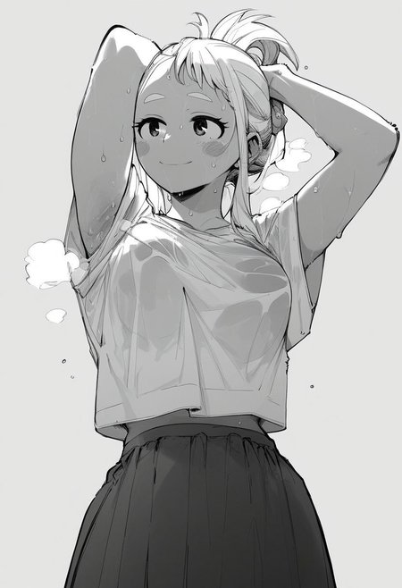 flatshinyskin, score_9, score_8_up, score_7_up , 1girl, 1girl, mosaic censoring, slight seductive pose, slight smile, medium breasts, sweating, breasts,, long skirt, 1girl, solo focus, Upper body, arms up tying hair, armpits, wet, sweaty, sweating, steam, standing, low angle, under boobs,  tying hair, making a ponytail
ochako_uraraka, 1girl, score_9, score_8_up, score_7_up, Monochrome,  Black and white, (MANGASTYLE) ,loose oversized Tshirt, long skirt, solo focus, perfect body, curvey, thick waist, thick body,, skin tight dress, front view, front focus, ((facing up, looking upwards)), arched back, leaning backwardsunderboobs