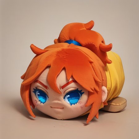 score_9, score_8_up, <lora:NSMechanicTerraria:0.6> NSMechanicTerraria, blue eyes, orange hair, ponytail, medium hair, freckles, yellow overalls, red sweater <lora:hauntedBeanPlushieThatWill_v10:1.3> haunted bean plushie