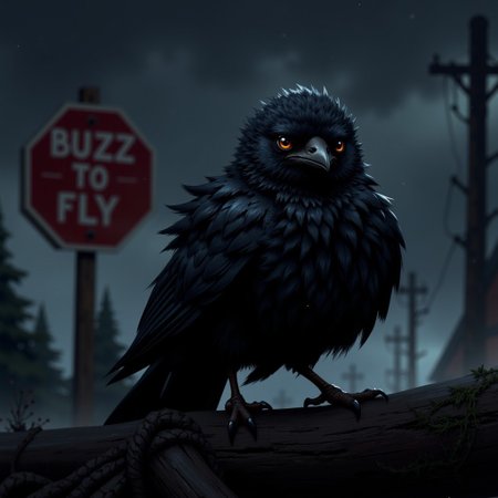 score_9, score_8_up, score_7_up,
plump, black feathered raven chick, ((big round eyes)), sharp beak, puffed up feathers, ((sign that says "Buzz to Fly")), night time, stormy night, outdoors
high resolution, detailed, 4k, realism, rule of thirds, golden ratio, depth of field,