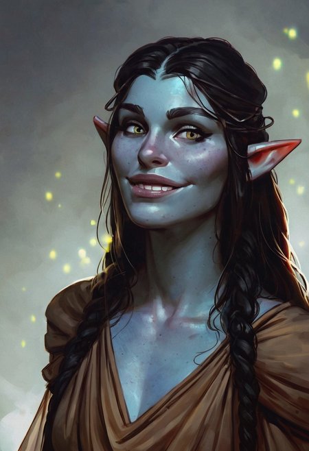 score_9, score_8_up, score_7_up, 1girl, female, elf, blue skin, visible veins, princess, rogue, sheer blouse, saggy boobs, mage robes, black hair, glowing drops in the face, fangs, smile lines, in a wizards tower, half body Portrait, focus from Front, close up, looking at viewer, arched back