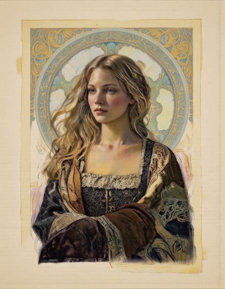 Art by Thomas Haller Buchanan. A digital illustration shoot from a portrait camera angle about a portrait of a woman with long, flowing hair, set against a soft, pastel-colored background with a decorative, circular design in the background. the image also shows intricate, ornate patterns and a dreamy, ethereal atmosphere. on the middle of the image, a woman appears to be in her mid-twenties, with light skin and long, wavy blonde hair. she is facing the viewer, looking to the side with a serious expression. her hair is styled in a way that frames her face, and she is wearing a dark, lace-trimmed dress with a fur shawl draped over her shoulders. the woman's hair is parted in the middle, and her lips are closed, giving her a serene and contemplative look. the background is a soft beige color with a circular, abstract pattern in shades of blue, green, and yellow, adding to the dreamy and ethereal quality of the artwork. the artist's signature is visible in the bottom right corner, adding a personal touch to the image.
