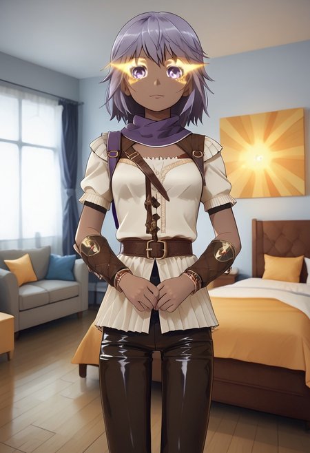 Latex, 2girls, (mgrchozumishizuku | 4mb3r), living room, window, score_9, score_8_up, score_7_up, rating_safe, woman duo, sitting, hugging, sunset background, detailed lighting, fully dressed, (latex clothes:2) hamafugustyle, (mgrchozumishizuku, purple hair, purple eyes, purple scarf with bow, purple jacket, white sweater, red belt, purple pants, brown arm guards), BREAK, (4mb3r,  brown hair, short hair, brown eyes, dark skinned female, bracelet, jewelry, armor, shoulder armor, pants, boots, brown sweater, glowing eyes).