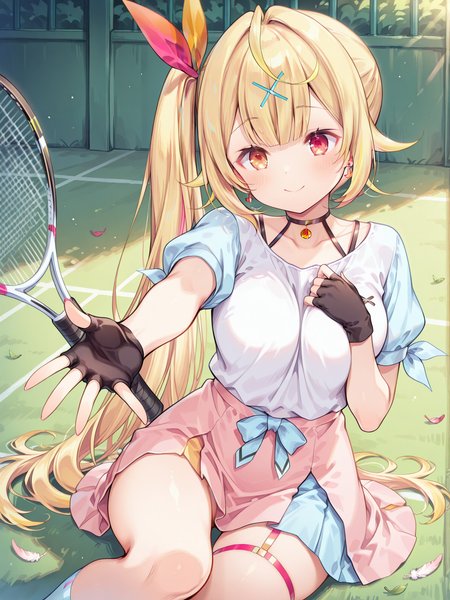 1girl, 
hoshikawa sara, 

amazing quality, highest score, 16k, 8k, 4k, short torso, red eye, yellow eye, blonde hair, large breasts, ahoge, side ponytail, x hair ornament, tennis uniform, white shirt, pleated skirt, no panties, pink dress, arm ribbon, puffy short sleeves, choker, neck ribbon, gloves, bow hairband, blush, red ribbon, hair ornament, virtual youtuber, ribbon, dress, puffy sleeves, short sleeves, sportswear, long hair, white gloves, breasts, skirt, shirt,

A young girl with long blonde hair and a pink bow on her head. she is wearing a white dress with the number 8-2 written on it in black letters. she has a pair of red gloves on her hands and is standing in front of a blue background with various cartoon characters scattered around her. the girl appears to be dancing or celebrating, with her arms raised in the air and a big smile on her face.

score_9, score_8_up, score_7_up, source_anime, masterpiece, best quality, very aesthetic, absurdres, explicit