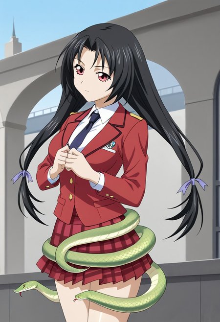 score_9, score_8_up, score_7_up, BREAK source_anime, masterpiece, anime screencap, shiny skin, 
1girl, solo, kaku bunwa, long hair, black hair, twintails, red eyes, large breasts, hair ribbon,  <lora:kaku_pony-000006:1>
school uniform, white shirt, red blazer, dark blue necktie, red skirt, plaid skirt, socks, loafer, sn4k3, snake, snake on shoulders, upper body