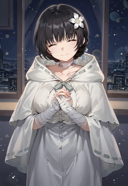 MachlianHood, black hair, short hair, hair ornament, hair flower, bangs, bandaged arm, bandaged neck, bandaged hand, closed eyes, white flower, hooded capelet, white dress, hood, large breasts, collarbone, white capelet, white cloak, braid,

looking at viewer, head tilt, smile, closed mouth, own hands together, praying, 

window, city, cityscape, dark, night, night sky, 

1girl, solo, solo focus, highres, absurdres, light particles, shade, lens flare, shiny skin, fine fabric emphasis,
