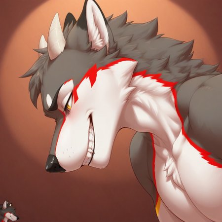 masterpiece, best quality, amazing quality, 
1boy, solo, Anthro,Mosfetbah,wolf,two toned body,dark grey fur,white fur,red markings,yellow markings, 2 horns, face focus, close-up, grin, from side,
