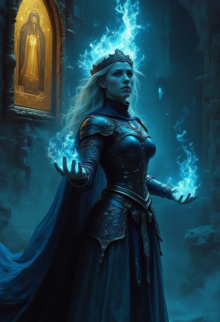 Cinematic style, 
(in gainax style:1.4), (masterpiece, sharp focus:1.2), BREAK (A female spectral knight emerging from the ruins of an ancient cathedral, their armor glowing with ghostly blue flames, depicted in a style with low-key lighting, ethereal glow, decayed stone textures:1.1), BREAK (A vivid gold-painted icon of a saint on an intact section of a wall, illuminated by the faint flickering of spectral lights, set against the backdrop of a crumbling cathedral:1.4), (art by Gainax:1.4), (elaborately detailed attire with extraordinary elements and headdress:1.1), (hyperdetailed:1.1), (intricate details:1.0), (Refined details:1.1), (best quality:1.1), (high resolution:1.2), (very stylish detailed medieval haircut, mesmerizing detailed radiant face, mesmerizing detailed beautiful eyes:1.2)