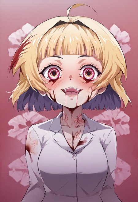 score_9, score_7_up,  source_anime, uncensored, flat color, vector trace,  zPDXLxxx, <lora:intricate_details:0.5> intricate_details_xl, pagoda, (bleeding:1.25), touching, multicolored background,  face, breast focus,
1girl, solo, li, large breasts, colored tips, undercut, blunt bangs, heart ahoge, medium hair, looking at viewer, suit, ojou-sama pose, drooling,
<lora:Higurashi_Looper_Eyes_v1.1:1> looper eyes, diamond eyes, glowing eyes, symbol-shaped pupils, eye reflection  <lora:Orenji_v3:1> orenji