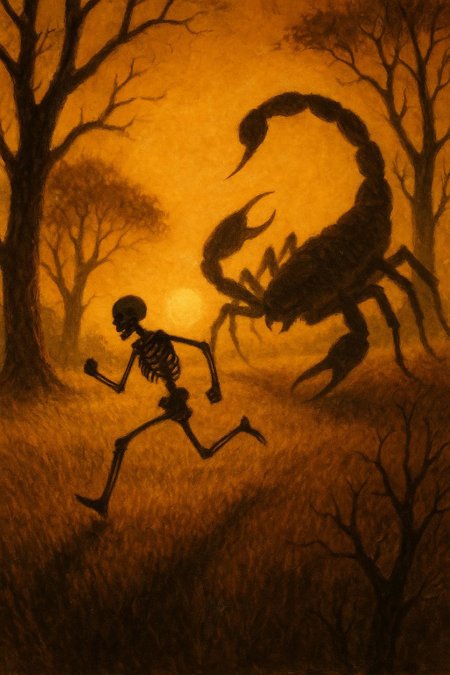 A skeletal silhouette races across sun-drenched meadows, limbs a frantic blur against the honey-gold haze. The towering beast looms in pursuit, stinger like a venomous blade glinting in the amber light. Shadows stretch long and menacing, cast by gnarled trees that pierce the oppressive silence.