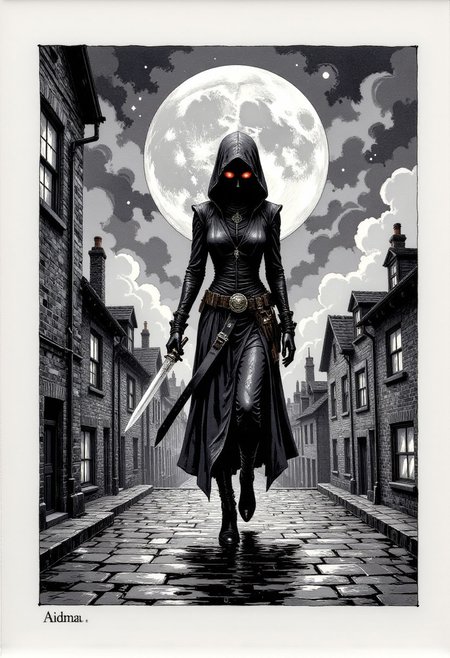 “Whisper‑thin ink drawing on vellum of a spectral assassin slipping through moonlit rooftops, translucent grays and silvers with subtle opalescent foil on her dagger, negative‑space composition framing card text.”
, aidmaHiDreamStyle , aidmamjv7