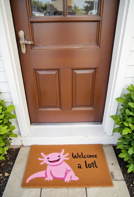 <lora:Welcome_Mat_Manufacturer_FLUX-000023:0.9> <lora:axomodelv2:0.9>
The image is a photograph of a small outdoor entrance area, featuring a doormat with a humorous design. The doormat is rectangular and made of a textured, brown, coir material. It has a vibrant, whimsical design featuring the text "Welcome a lotl"  and a happy pink axolotl.