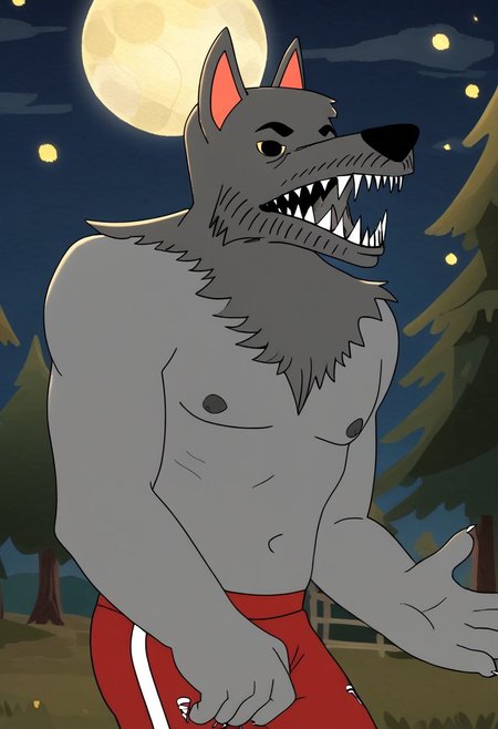 score_9, score_8_up, score_7_up, masterpiece, high quality, detailed, flat colors, solo, male, werewahlfberg, anthro, athletic, grey fur, dark grey top fur, nipples, pointed ears, black nose, yellow sclera, black eyes, eyebrows, sharp teeth, red jogging pants, quarter body shot, side view, looking at viewer, chill, happy, open mouth, showing teeth, waving, wide eyes, leaning behind a tree, outdoors, night, full moon, stars, grassy plains, woods.