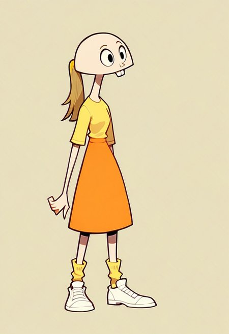 score_9, score_8_up, score_7_up BREAK pegTO, 1girl, bald head, black eyes, yellow hairclip, light brown ponytail, ponytail, buckteeth, bucktooth, no jaw, no lower jaw, half head, jawless, yellow longsleeved shirt, orange skirt, yellow socks, white shoes,