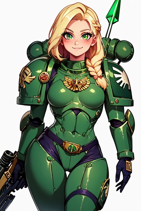 score_9, score_8_up, score_8, medium breasts, (curvy), cute, eyelashes,       BREAK, , zzDarkAngel, 1girl, long hair, simple background, white background, green eyes, weapon, gun, pauldrons, shoulder pads, power armor shoulder armor, arrow (symbol), green theme, cowboy shot, <lora:Dark_Angels_Warhammer_40K_PDXL_v2:0.8>, , BREAK, closed mouth, alternate costume, smile, looking at viewer, blush, zzLFashion, cowboy shot,  embedding:zPDXL, Expressiveh,  <lora:Vivid:0.7>,  <lora:LFashionPDXL:1>,  <lora:Uncensored_PonyXL_cpt_v02.09:0.4>,  <lora:Expressive_H-000001:0.4>,