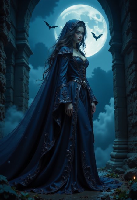 masterpiece, realistic scenery, ultra high quality, a gorgeous 23yo female vampire looks for victims in an medival castle, completely covered from the neck down, ancient dark blue vampire robe with shimmering sapphires, a vampire bat in the air, night, moonshine, gloomy clouds, fog, close-up, (SFW:1.2), dark fantasy, eerie, horror, <lora:Flux Darkfantasy_epoch_1>