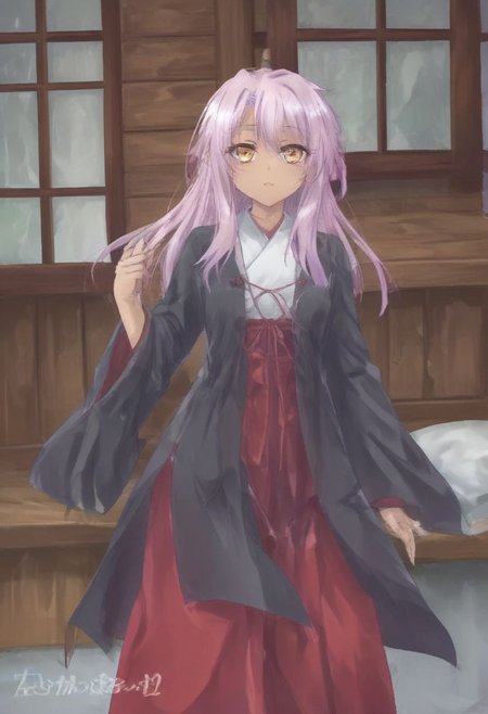 masterpiece, best quality, very aesthetic, absurdres, 1girl, Chloe_Von_Einzbern, yellow_eyes, pink_hair, long_hair, sidelocks, hair_between_eyes, flat_chest, dark-skinned_female, miko, 
, Chihaya