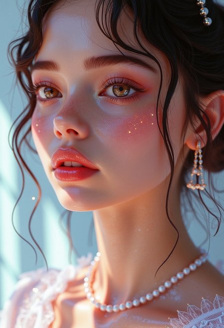 This is a highly detailed, digital illustration of a young woman with a striking, ethereal appearance. The artwork is rendered in a hyper-realistic, photorealistic digital medium, showcasing intricate details and vibrant colors. The subject has a fair, porcelain-like skin with a radiant glow, particularly evident on her face. Her eyes are almond-shaped, large, and expressive, with a captivating gaze that draws the viewer in.