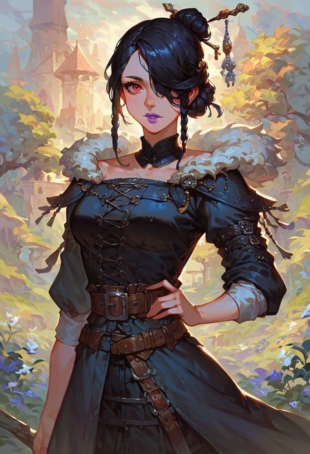 score_9, score_8_up, score_7_up, black hair, hair ornament, red eyes, single hair bun, purple lips, hair stick,braid,hair over one eye, black dress, jewelry, fur trim, multiple belts, beltskirt, cowboy shot, semi realistic, looking at viewer, medieval, dungeons and dragons,