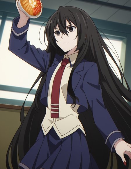 score_9, score_8_up, score_7_up, source_anime, <lora:kirukiru-amou-s1-ponyxl-lora-nochekaiser:1>, kirukiru amou, long hair, black hair, very long hair, black eyes, hair between eyes,, skirt, school uniform, jacket, necktie, blue skirt, blazer, red necktie,, restaurant, laughter, good food, warm lighting, celebration, , , foot on ground, hand on shoulder, elbow out, solo,, cowboy shot, dutch angle