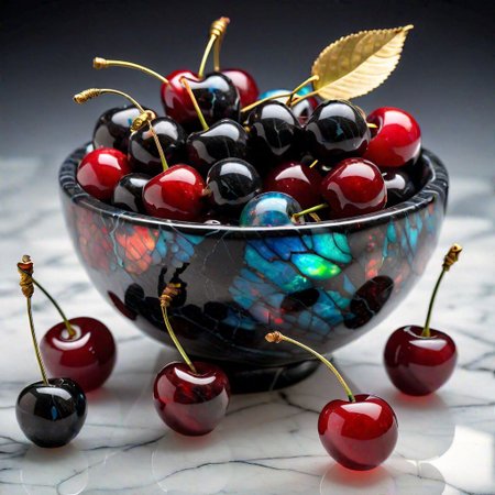 bowl of cherries, bowl of black marble, cherries made of opals, opalescent, ethereal