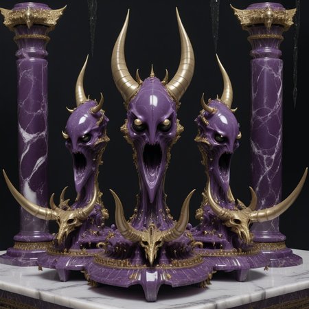 <lora:Chaos_Warfleet_-_Warhammer_40000_SDXL:1>chaoswarfleet, purple battleship,space,warp,distortion,nightmare,mirrors,curved blades,grace,elegance,marble statues,black long tongues,pincers,Ñheers,horns,hooves,insect eyes,columns,screaming faces,onyx,decorations,silver,gold,engraving,minting,marble,decor,curved shapes,