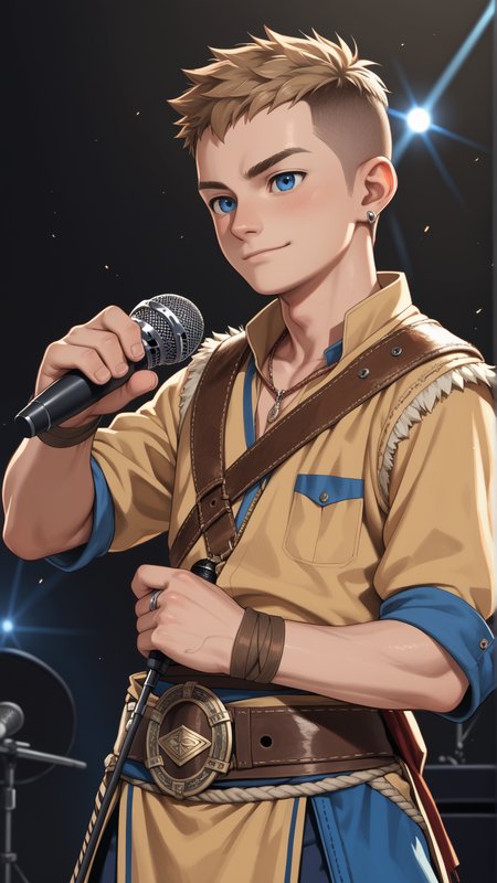 score_9, score_8_up, score_7_up, score_6_up, score_5_up, score_4_up, rating_safe, source_anime, anime style cartoon, source_cartoon, <lora:GoWRAtreusPDXL:1>GoWRAtreus, 12 y-o young boy, solo,  (Holding a microphone, belting out a song with passion:1.5) in a sandstorm desert location.
Blue eyes and short brown buzzcut. GoWRAtreus is wearing a (yellow:0.5) tunic with leather details. Belts and straps crossing his body. (His waistcloth is red and blue:1.4). GoWRAtreus is wearing brown leather boots. His right arm is bare and has a tattoo. GoWRAtreus expression is Skeptical, Raised eyebrows and a slightly pursed mouth..