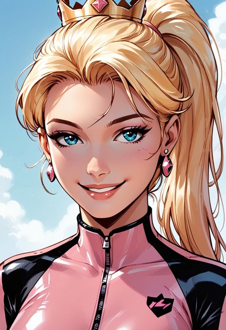 score_9, score_8_up, score_7_up, score_6_up BREAK 8k,) IncrsPchBiker, long hair, blonde hair,ponytail, biker clothes, bikesuit, pink bodysuit, pink gloves, , crown, jewelry, earrings, perfect anatomy, exy, seductive smile, blue eyes,smile,  face closeup, face focus,very close up,portrait