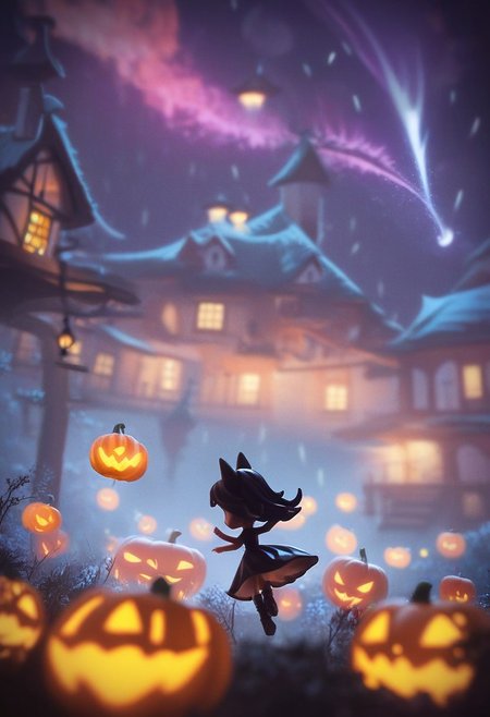 score9, score8_up, score7_up,  score6_up, group of female witches, doing magic: turning  toad in pumpkin, black dress, scary, flying, thunderstorm, flashes, in the dark, mystic lights, old house, stop-motion clay figures, cinematic scene: dolly-shot, view from low angle, depth of field, intricate details