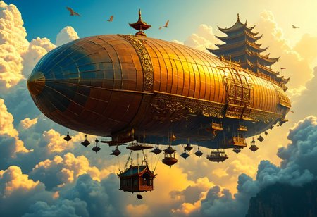 This is a huge and fantastical flying ship designed in the traditional Chinese architectural style. The airship is adorned with intricate cascading roofs, curved eaves and ornate details, resembling a grand palace. The elongated structure of the airship resembles a gigantic ship with multiple decks and floors, seamlessly blending traditional wooden elements with intricate carvings and decorative features. The airship floats majestically in a sea of haze and shimmering clouds, with sunlight pouring through the mist, creating an ethereal atmosphere. Surrounding the airship are towering rock formations that evoke a sense of transcendent grandeur. The overall color palette consists of golden hues from the sunlight and soft blues from the sky and clouds, enhancing the mystical and dreamlike feel of the scene. The intricate details and massive scale of the airship suggest a blend of fantasy and cultural tradition.