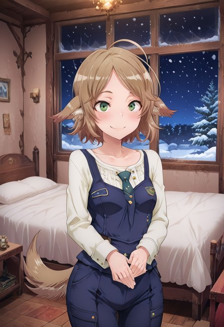 (1girl, solo) noa riads, animal ears, Green Eyes, tail, brown hair, short hair, Pretty eyes, , 1girl, solo, , blush, smile,, brown hair,, fluffy tail, ahoge, animal ears, dog ears, small breasts, swept bangs bedroom, green eyes, animal ears, tail, collarbone, ,
Eye focus ,(skindentation:1.2), shiny skin, shiny body, shiny hair, (best quality) , (highly detailed) ,((masterpiece)), ((best quality)), (ultra-detailed), ((extremely detailed)), (high resolution), 4K, (8K), best quality, (beautiful), (dynamic lighting), (super detailed skin), sharp focus,detailed eyes、detailed face and detailed skin detailed eyes、detailed face and detailed skin,  skindentation, clear skin, shiny hair, ultra detailed eyes, depth of field, sharp, intricate details, hyperdetailed, shindol, 
,, uniform, necktie, pants, night, snow, snowing,, cowboy shot ,(((perfect anatomy))), (((correct arms))), (((correct hands)))