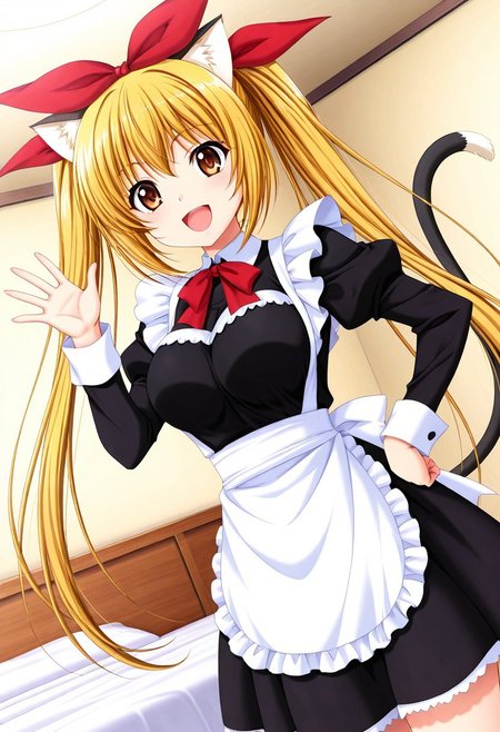 general,highres, ultra-detailed,very aesthetic,best quality ,best hands,best eyes,easynegative,
dynamic anglre, dutch angle, anime cloring,anime screencap,
1girl solo,looking at viewer,bedroom,smile,open mouth,hand on hip,waving hand, 
Kuri,yellow_hair, twintails, brown eyes, large_breasts, hair ribbon, red ribbon, cat ears, cat tail,Black dress,