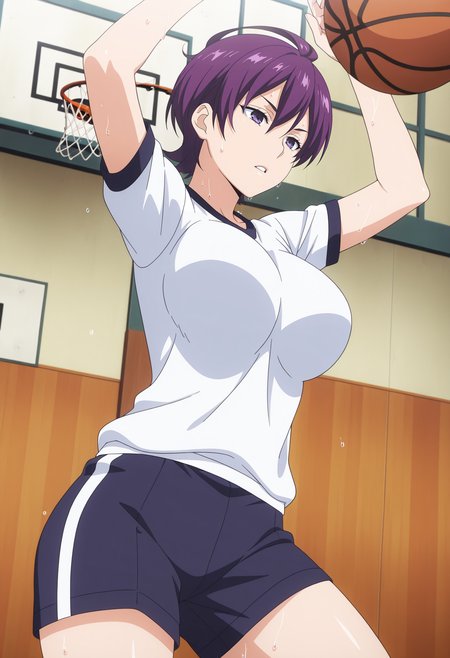 1girl,solo,mm,mature female,short hair,purple hair,purple eyes,large breasts,anime coloring,
gym uniform,shirt,shorts,basketball,sweat,parted lips,
,masterpiece,best quality,amazing quality,<lora:Miyoko_Houjou-Shokugeki_no_Souma:0.8>