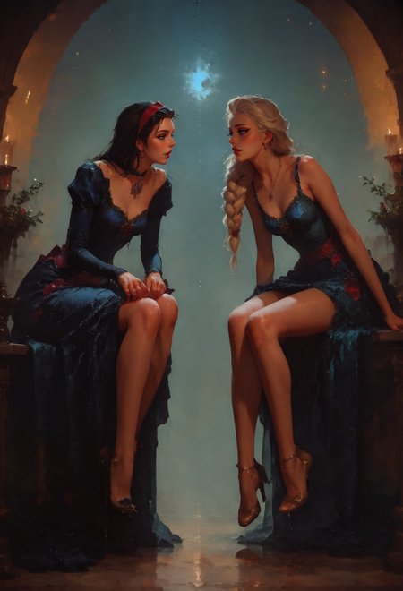 score_9, score_8_up, score_7_up,  2girls, 1girl (Snow White) and 1girl (Elsa), side view, (full bodies in view)  <lora:pony/twilight_style:0.8> <lora:pony/expressiveh:0.8> expressiveh <lora:pony/vixon_gothic_oil_style:0.7> d4rk01l <lora:sdxl/sinfully_stylish_sdxl>